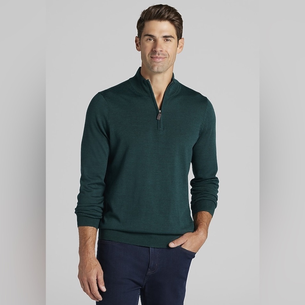 Jos A Bank Traveler Collection Green Merino Wool Zip Sweater Pullover Size Large